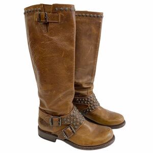Frye Jenna Studded Boot Tall Knee High Leather Moto Brown, Size 6